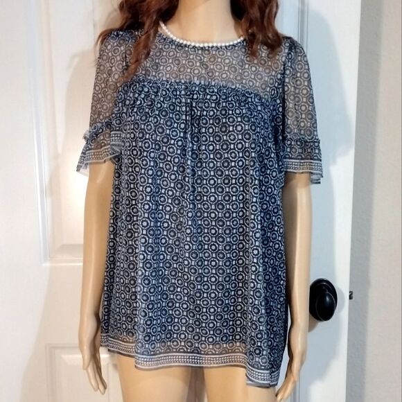 Max Studio Women's Size 1X Black and White Print Sheer Blouse Top - Picture 2 of 9